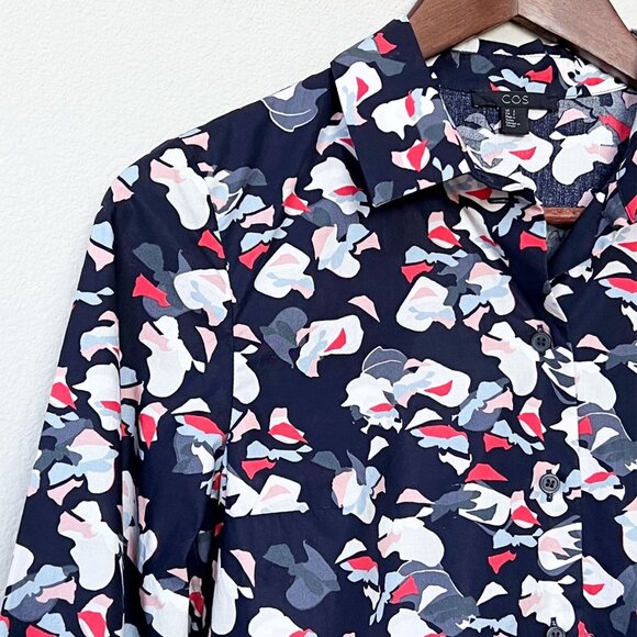 COS 100% Cotton Button Up Down Shirt Top Blouse Abstract Floral Navy Blue 2 $120 - Picture 8 of 13